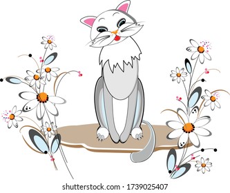 A beautiful, graceful cat sits surrounded by daisy flowers in the style of Ukrainian Petrikov painting. Vector illustration for various types of decor.