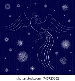 Beautiful graceful firebird on winter motif abstract seamless blue background with snowflakes, hand drawing vector illustration