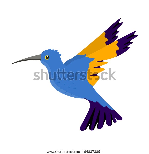 黄色い羽と長いくちばしを持つ美しく優美な飛ぶ青いハミング鳥 白い背景に小さなエキゾチックな鳥 漫画のかわいい 動物デザインエレメント 熱帯野生生物 ベクターイラスト のベクター画像素材 ロイヤリティフリー