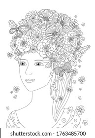 beautiful graceful girl with floral hairstyle and butterflies in her hair for your coloring book