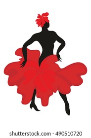 Beautiful graceful woman dancing Spanish dance flamenco. Black silhouette, the dress is styled in the shape of a red flower. Set.