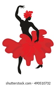 Beautiful graceful woman dancing Spanish dance flamenco. Black silhouette, the dress is styled in the shape of a red flower. Set.
