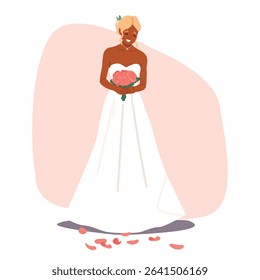 Beautiful graceful young bride wearing elegant glamour wedding white dress holding rose flower bouquet cartoon scene. Romantic woman newlywed wedding ceremony celebration vector illustration
