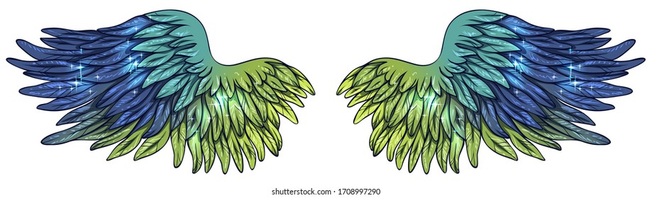 beautiful gradient glowing glittery green blue wings, vector