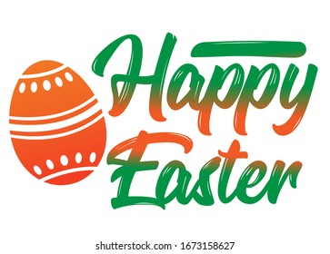 Beautiful gradient lettering Happy Easter in green and orange colors with the image of an orange egg with white stripes on a white background. Vector graphics

