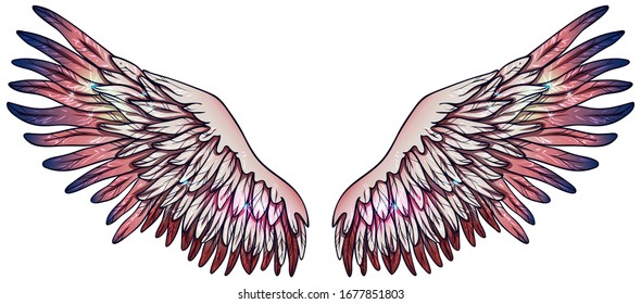 Beautiful gradient magic pink tender wings with touch of blue color, vector