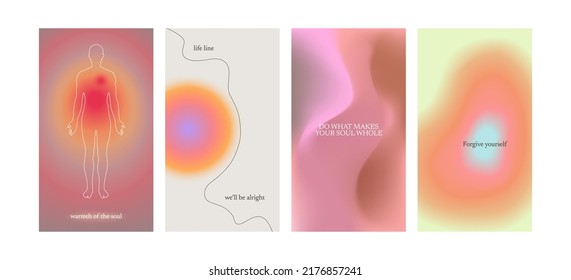 Beautiful Gradient Postcards With Lines, Quotes, Human Silhuette, Waves.Trendy Gradients, Typography, Y2k. Social Media Post Templates For Digital Marketing And Sales Promotion.