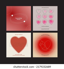 Beautiful gradient postcards with quotes, heart.Trendy gradients, typography, y2k. Social media post templates for digital marketing and sales promotion.