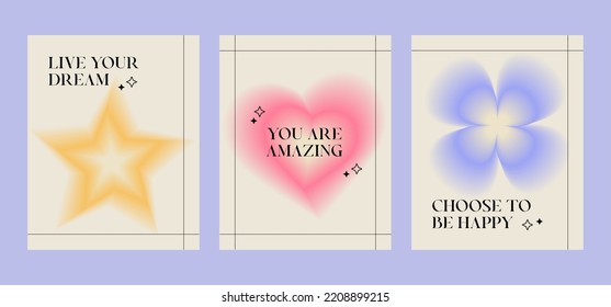 Beautiful gradient posters with quotes, heart, star, flower.Trendy gradients, typography. Banner template retro gradients elegance abstract blurry space area. Minimal Poster. Pastel Soft.