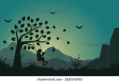 Beautiful gradient spring landscape background. with child is playing on the swing while reading a book
