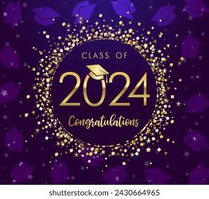 Beautiful graduating banner. Greeting card design. Awards certificate concept. Educational reward. Shiny golden frame. School backdrop. Class of 2024 graduation congrats. Congratulations graduates.