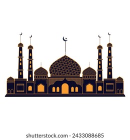 Beautiful grand mosque vector design with modern ornament isolated on white background. Vector elements. Ramadan kareem. Muslims. Islamic. Eid al-Fitr . Combination gold and dark colors. Template