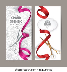 Beautiful grand opening invitation cards with red and pink silk ribbons and floral background