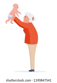 Beautiful grandmother with newborn baby grandson. Cartoon vector flat illustration on white background.