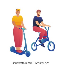 A beautiful grandmother rides an electric scooter with her adult son in the park. Grandmother with an adult son on a white background. An active lifestyle concept for the whole family.