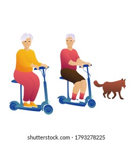 A beautiful grandmother is riding electric scooters with her grandfather on a white background. Grandparents with the dog walk in the morning. An elderly husband and wife lead an active lifestyle.