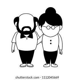 Beautiful grandparents couple cartoon in black and white