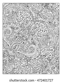 Beautiful graphic background with floral linear pattern for adult coloring book. Vector vintage ornament in black and white. Abstract hand drawn doodle illustration