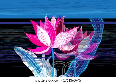 Beautiful graphic background with pink lotuses on blue. Bright flower card in summer.