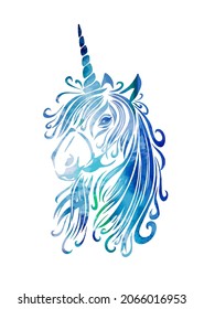 Beautiful Graphic Blue Unicorn Head. Tattoo. Vector Illustration