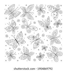 Beautiful graphic butterflies. Set. Summer background. Outline. Coloring book for kids.