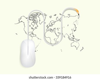 beautiful graphic design of creation,computer mouse is drawing the world map