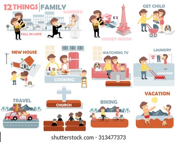 beautiful graphic design of family,12 things of family activities consist of fall in love, married, honey moon, child, buying new house, cooking, watching TV, laundry, gardener, travel, biking and to the beach