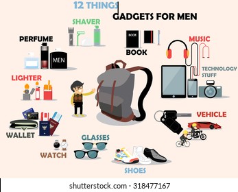 beautiful graphic design of gadgets for men: shaver,perfume,lighter,wallet,wrist watch,sun glasses,shoes,vehicle,technology stuff (tablet,smartphone,camera) and book