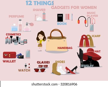 beautiful graphic design of gadgets for women: shaver,perfume,cosmetics,wallet,watch,glasses,shoes,jewelry,hat,scarf,music player,book