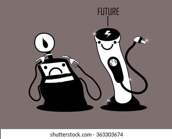 beautiful graphic design illustration of electrical cars charging battery comparing with gas station