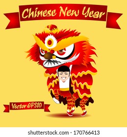 beautiful graphic design illustration vector of male lion dancing, chinese new year graphic design concept