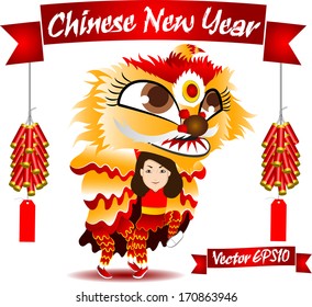 beautiful graphic design illustration vector of female lion dancing, chinese new year graphic design concept