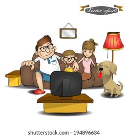 beautiful graphic design illustration of whole happiness family and dog watching tv