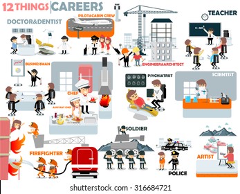 beautiful graphic design of popular careers: doctor,dentist,pilot,cabin crew,engineer,architect,teacher,businessman,chef,assistant chef,psychiatrist,scientist,firefighter,soldier,police,artist