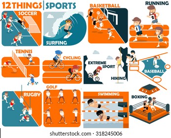 beautiful graphic design of popular sports:soccer,surfing,basketball,running,tennis,cycling,extreme sports,hiking,baseball,rugby,golf,swimming and boxing