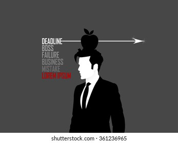 beautiful graphic design of risk management concept, risk negative word arrow hitting an apple on a businessman's head