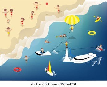 beautiful graphic design of summer activities on the beach such as swimming, jet ski, kayak, sailboat, flyboard, kitesurfing, wakeboard and diving,design concept of summer