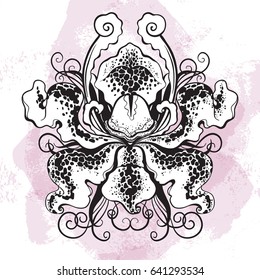 Beautiful graphic or?hid flower on watercolor background. Vector hand-drawn bohemian illustration. Tattoo art, oriental motifs, spa, yoga, textile