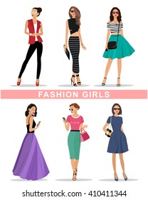 Beautiful graphic girls set. Fashion women's clothes. Colorful flat style vector illustration. 