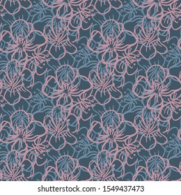 beautiful graphic hand drawn flowers seamless pattern , blooming bud and leaf repeatable tile for textile or wrapping paper , vector black and white