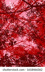 Beautiful graphic illustration of autumnal foliage. Brown, red and pink branches and leaves seen from below, filtering a clear roseate sky.