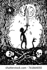 Beautiful graphic illustration with hero holding the sword. Cool original poster. Night forest, skulls underground. It can be used for printing on t-shirts, postcards, or used as ideas for tattoos.
