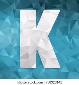 Beautiful graphic low poly alphabet / letter K / symbol on blue polygon background alphabet mosaic font, for design. vector illustration eps 10.