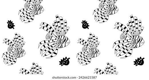 Hermoso patrón gráfico: peces cebra en blanco y negro y corales. Ilustración vectorial para textil. Pescado dibujado a mano.