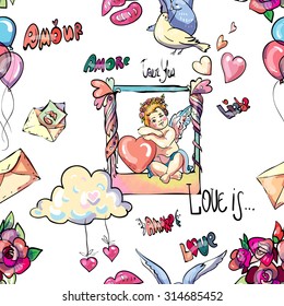 Beautiful graphic pattern with Cupid and other different elements and symbols of love. Vector transparent layer