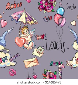 Beautiful graphic pattern with Cupid and other different elements and symbols of love