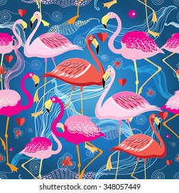 hermoso patrón gráfico de diferentes flamencos en fondo azul