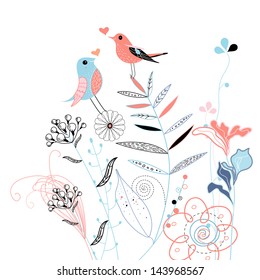 beautiful graphic plants and birds in love on a white background