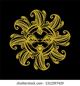 Beautiful graphic sun with a face. Ancient god. Drawn vintage illustration. Good element, sticker, tattoo, etc.