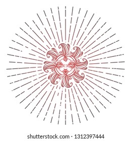 Beautiful graphic sun with a face. Ancient god. Drawn vintage illustration. Good element, sticker, tattoo, etc.